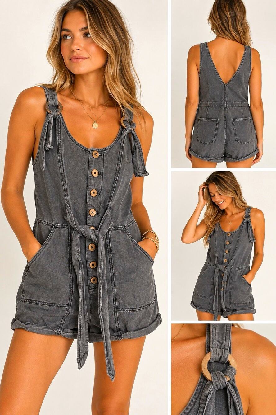 Free People Gray Denim Button Front Tie Waist V-Neck Romper Pockets XS
